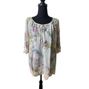 Johnny Was Off-white Flowered Silk Tunic Blouse Sz L